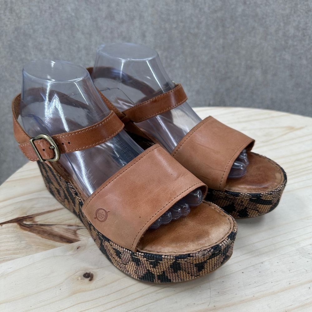 Born Dorrah Wedge Sandals 9 Tan Leather Geometric Platform Ankle Strap - Picture 4 of 11
